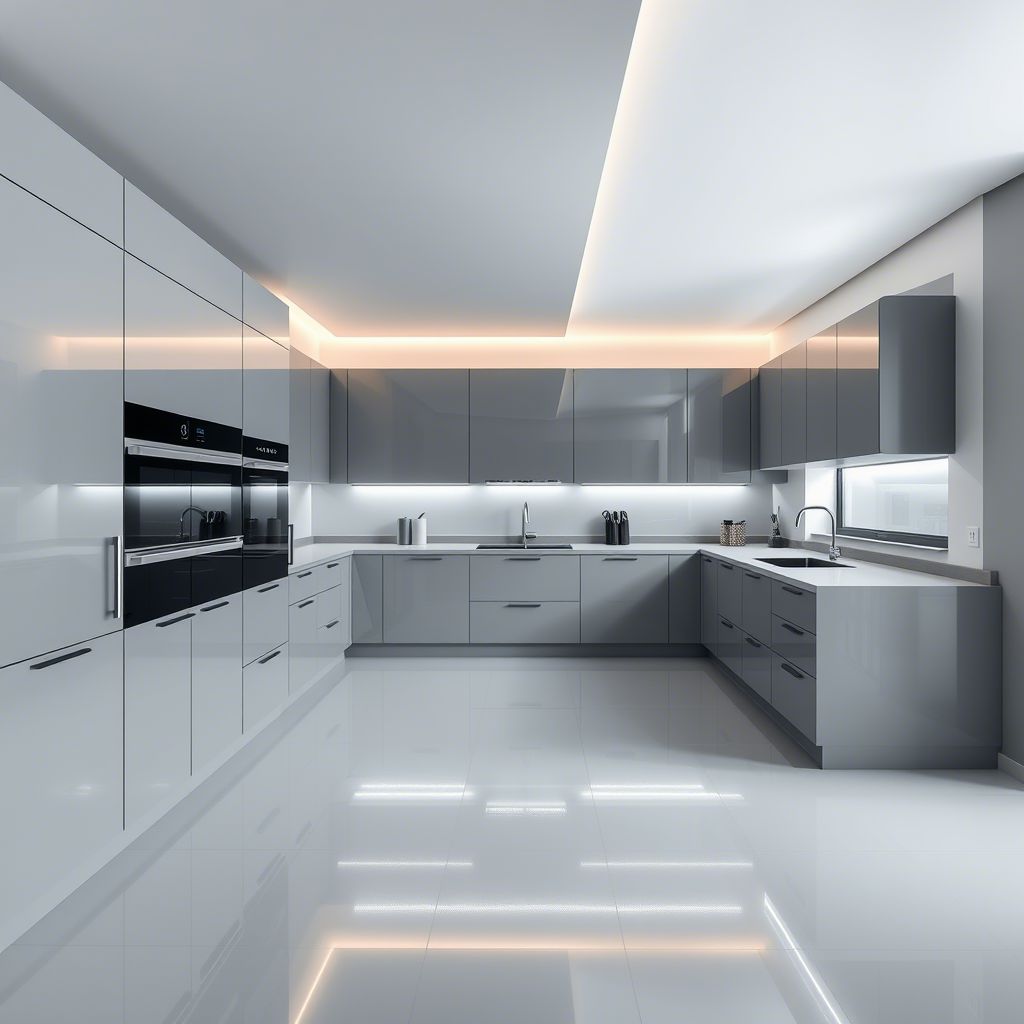 High-Gloss Acrylic Modular Kitchen with Calacatta Quartz Countertop & Seamless Edge #96